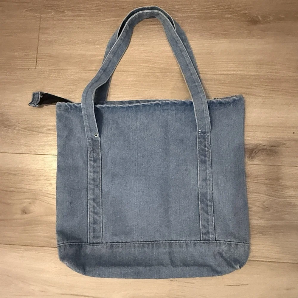 Light Wash Denim Tote Bag Zipper‎ Closure Blue Cotton Shopper Handbag Womens